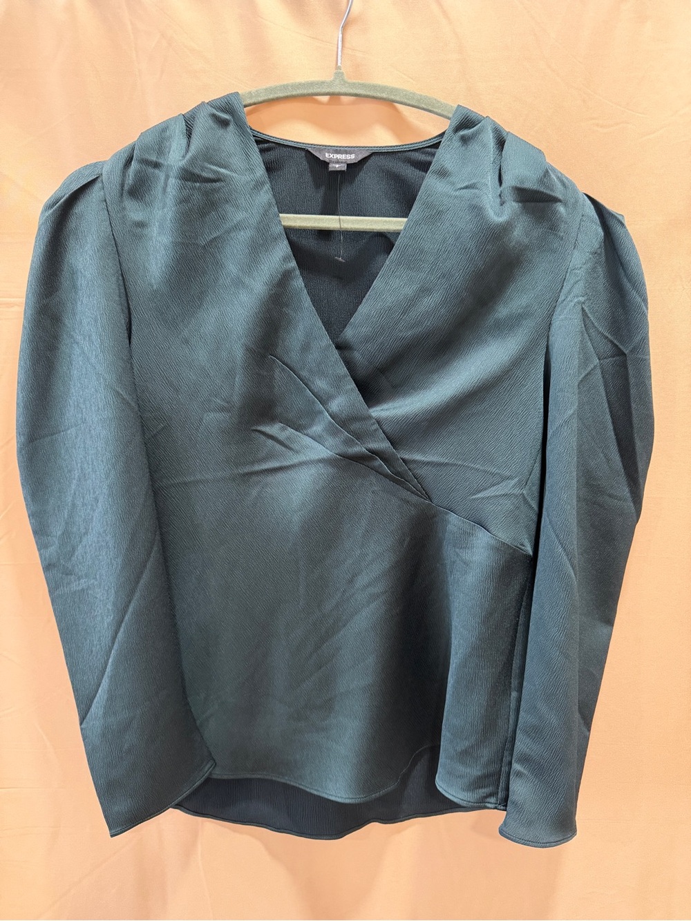 Express Teal Satin Wrap Blouse Puff Sleeve V-Neck Top NWOT Women's Small - Picture 4 of 6